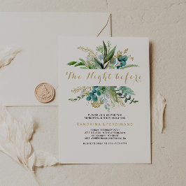 Invitación Oro vintage y eucalipto verde la noche anterior