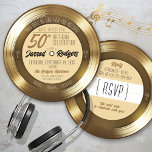 Invitación Oro Vinyl Rétro Música 50 cumpleaños Fiesta<br><div class="desc">Este único y divertido disco de oro negro y oro de música retro de vinilo forma redondo de la invitación de la fiesta de 50 años con pegadizos títulos de la canción "This Will Be One For The Record" y divertidos detalles de la tipografía, presenta un doble disco de oro...</div>
