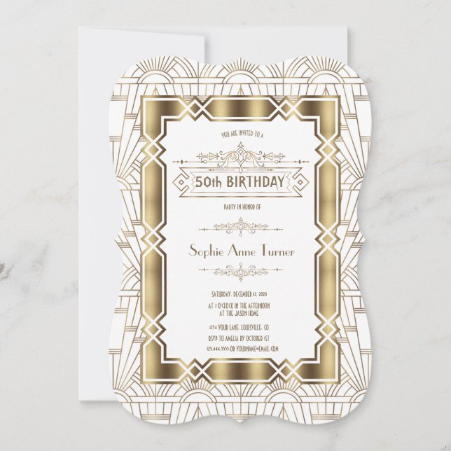 Invitación Oro White Art Deco Gatsby Fiesta de cumpleaños núm (Anverso)