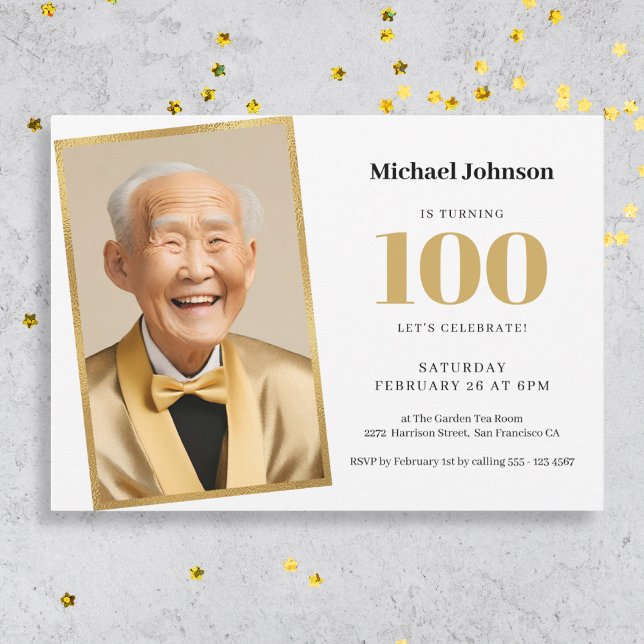 Invitación Oro White Classy Foto 100 cumpleaños (Mockup View)