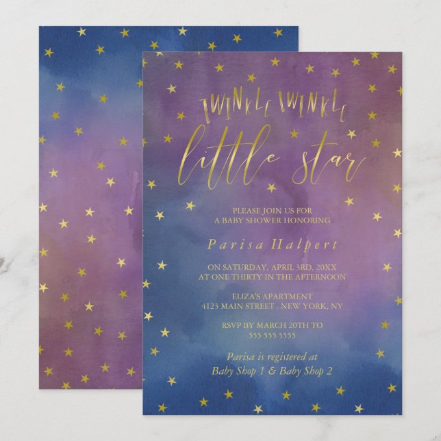 Invitación Oro y acuarela Twinkle Little Star Baby Shower (Anverso / Reverso)