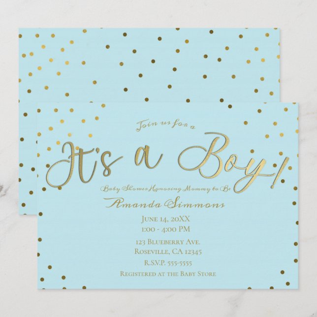 Invitación Oro y azul claro moderno es un niño Baby Shower (Anverso / Reverso)