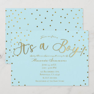 Invitación Oro y Azul Claro Moderno Es un Niño Baby Shower