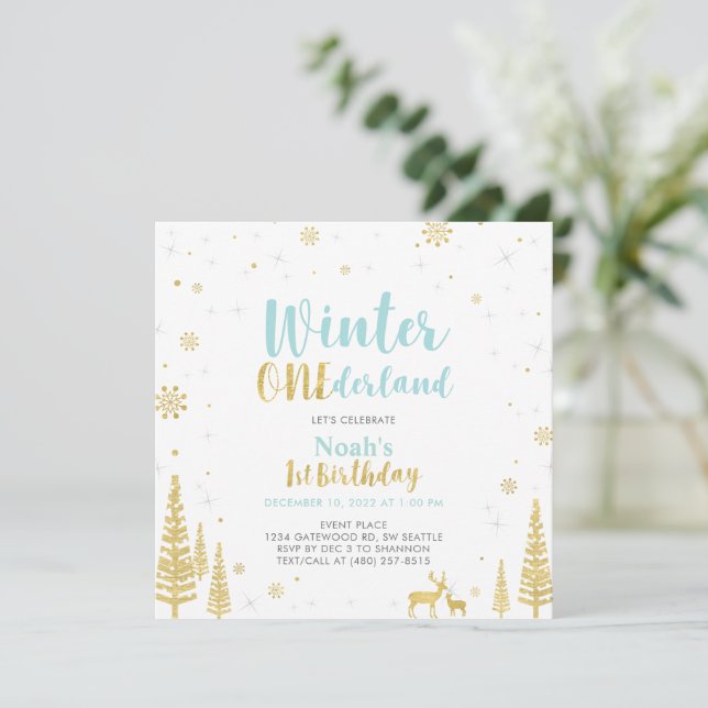 Invitación Oro y Azul Invierno de Omniéderland Primer cumplea (Anverso de pie)