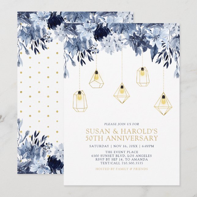 Invitación Oro y Azul | Luces, Bodas de Floral Aniversario (Anverso / Reverso)