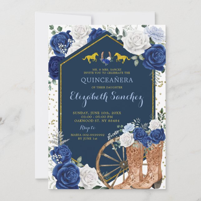 Invitación Oro y azul marino Charra Quinceañera Occidental (Anverso)