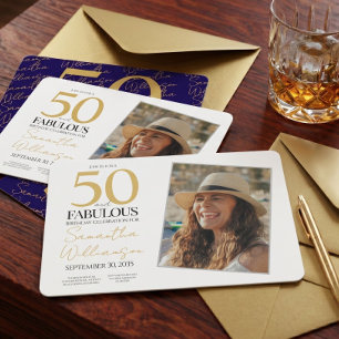 Invitación Oro y Azul Marino   Cumpleaños de 50 años: Foto Fa