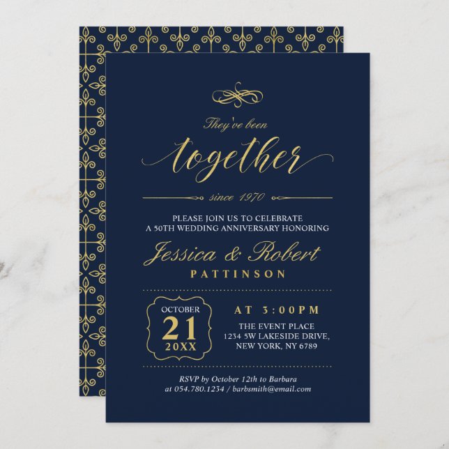 Invitación Oro y Azul Marino | Elegante 50 Aniversario de Bod (Anverso / Reverso)