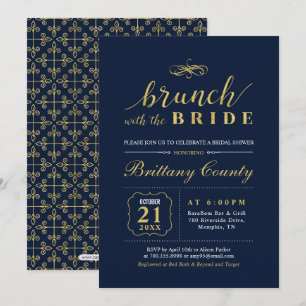 Invitación Oro y Azul Marino   Elegante Desayuno Nupcial de B