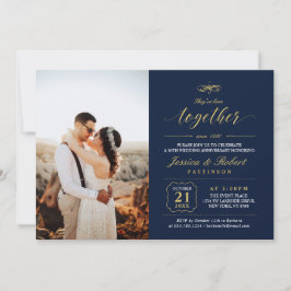 Invitación Oro y azul marino elegante foto aniversario de bod