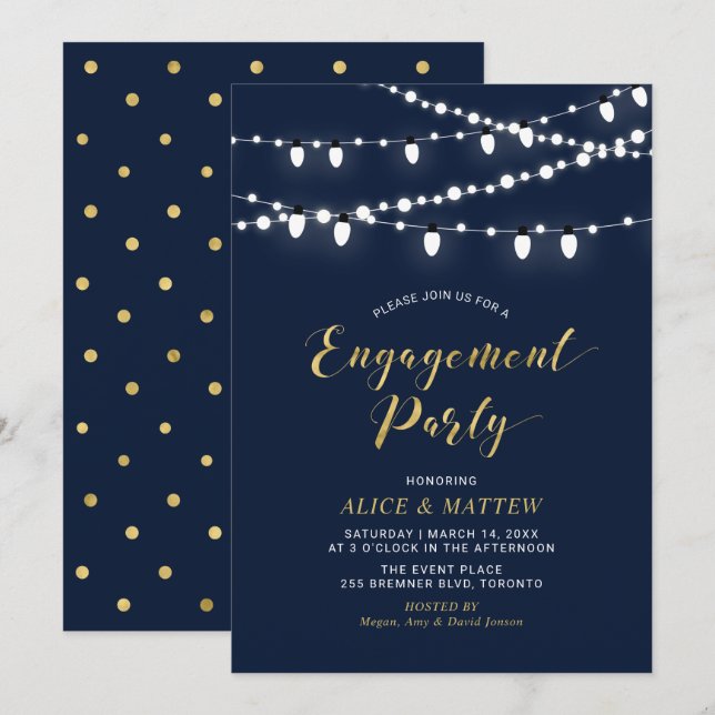 Invitación Oro y azul marino | Fiesta de compromiso moderna y (Anverso / Reverso)