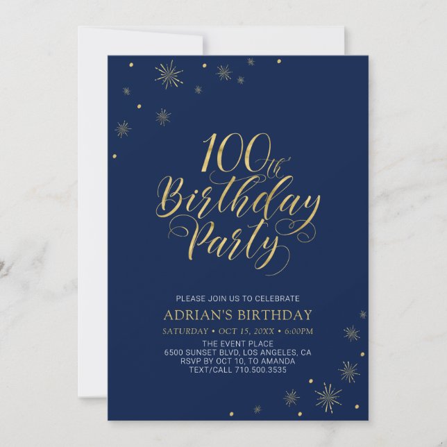 Invitación Oro y Azul Marino | Fiesta de Cumpleaños 100 Moder (Anverso)