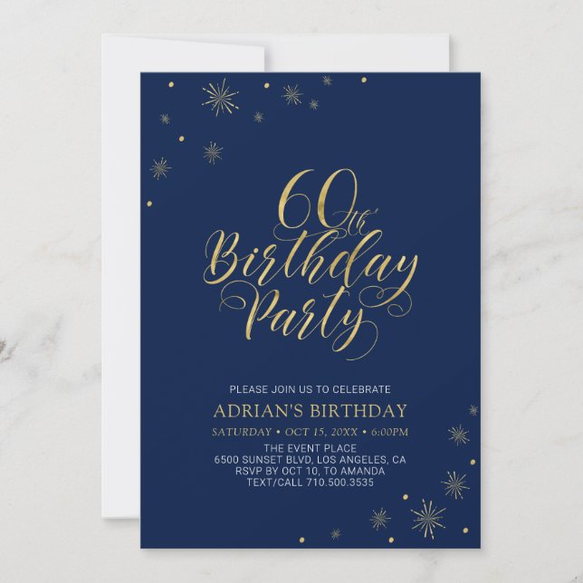 Invitación Oro y Azul Marino | Fiesta de Cumpleaños 60 Modern (Anverso)