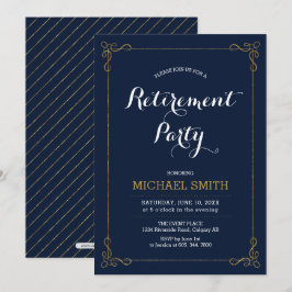 Invitación Oro y Azul Marino | Fiesta de Jubilación Elegante 