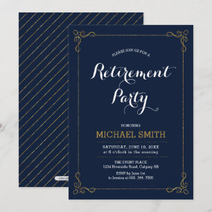 Invitación Oro y Azul Marino   Fiesta de Jubilación Elegante 