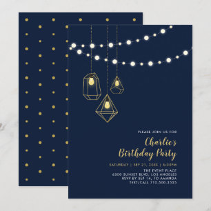 Invitación Oro y Azul Marino   Luces de Cadenas Modernas para