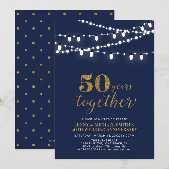 Invitación Oro y Azul Marino | Moderno 50 Aniversario de Boda (Anverso / Reverso)