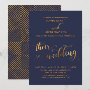 Invitación Oro y Azul Marino Tipografía de su Boda con Corazo
