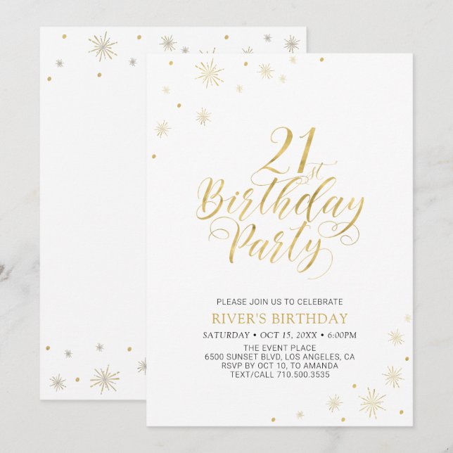 Invitación Oro y Blanco | Fiesta de Cumpleaños 21 Moderno y C (Anverso / Reverso)