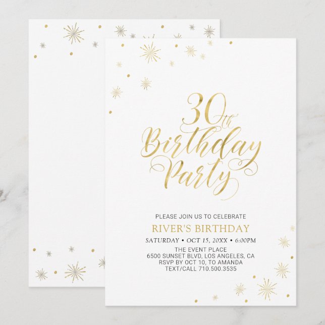 Invitación Oro y Blanco | Fiesta de Cumpleaños 30 Moderno y C (Anverso / Reverso)