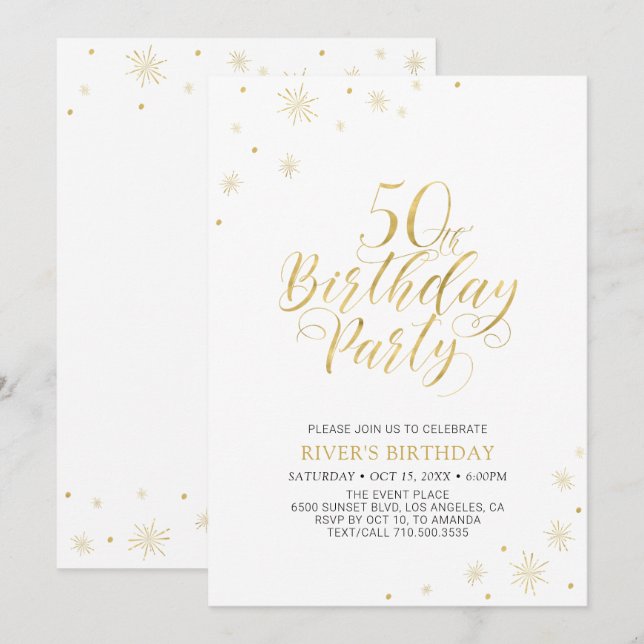 Invitación Oro y Blanco | Fiesta de Cumpleaños 50 Moderno y C (Anverso / Reverso)