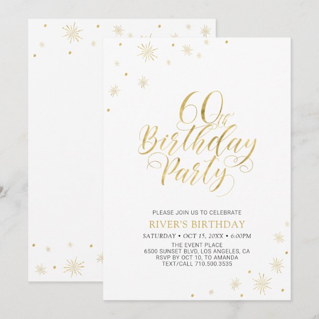 Invitación Oro y Blanco | Fiesta de Cumpleaños 60 Moderno y C (Anverso / Reverso)