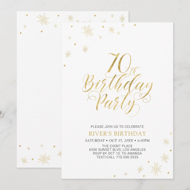 Invitación Oro y Blanco | Fiesta de Cumpleaños 70 Moderno y C (Anverso / Reverso)