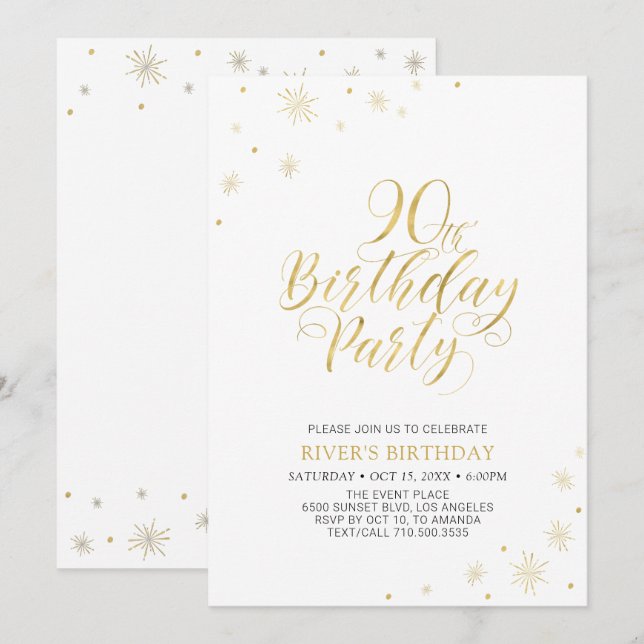Invitación Oro y blanco | Moda moderna 90ª fiesta de cumpleañ (Anverso / Reverso)
