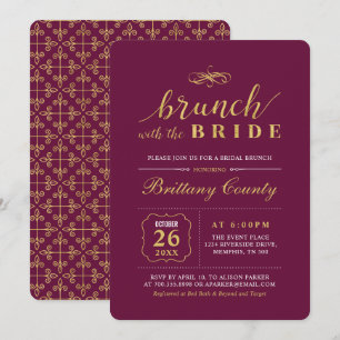 Invitación Oro y Borgoña   Brunch Nupcial de Boda Elegante