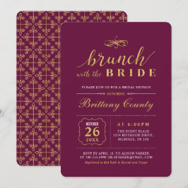 Invitación Oro y Borgoña | Brunch nupcial elegante