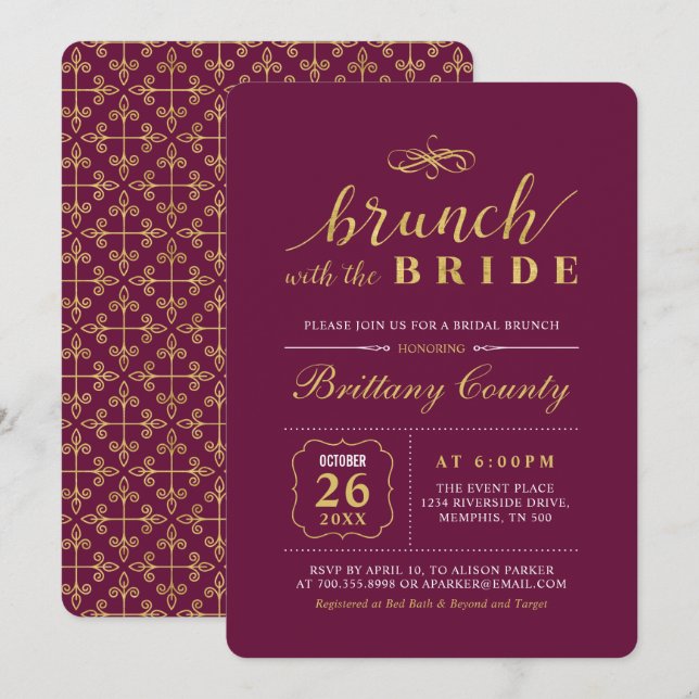 Invitación Oro y Borgoña | Brunch nupcial elegante (Anverso / Reverso)