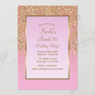 Invitación Oro y Brillo de Purpurina Glam Fiesta Dulces 16