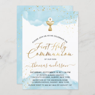 Invitación Oro Y Color Azul Primera Comunión Santa