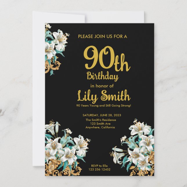 Invitación Oro y cumpleaños 90 negro (Anverso)