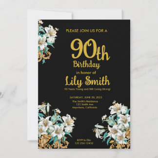 Invitación Oro y cumpleaños 90 negro
