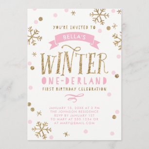Invitación Oro y cumpleaños de Onederland del invierno rosado