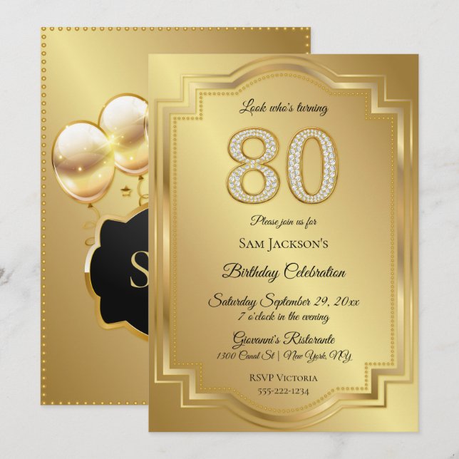 Invitación Oro y diamantes 80 aniversario de cumpleaños (Anverso / Reverso)