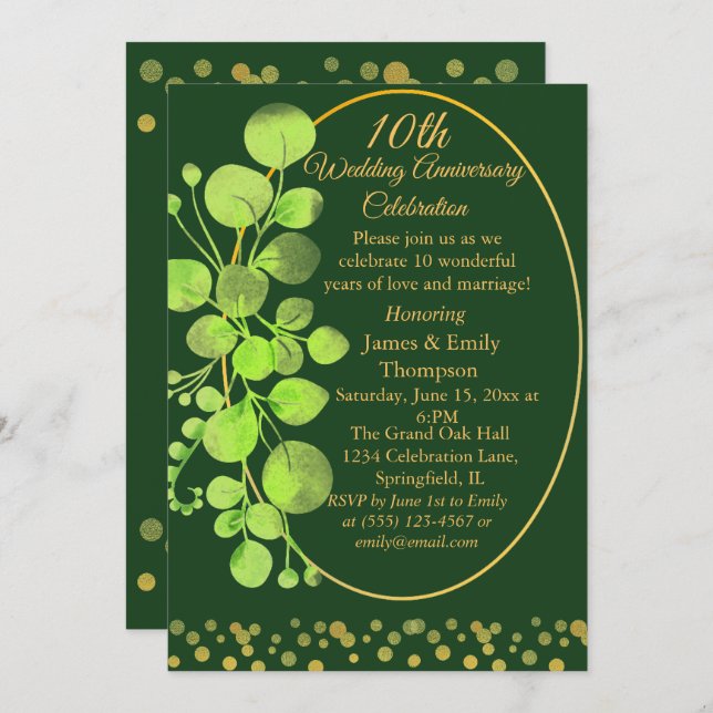 Invitación Oro y Eucalipto Verde Décimo Aniversario Boda (Anverso / Reverso)