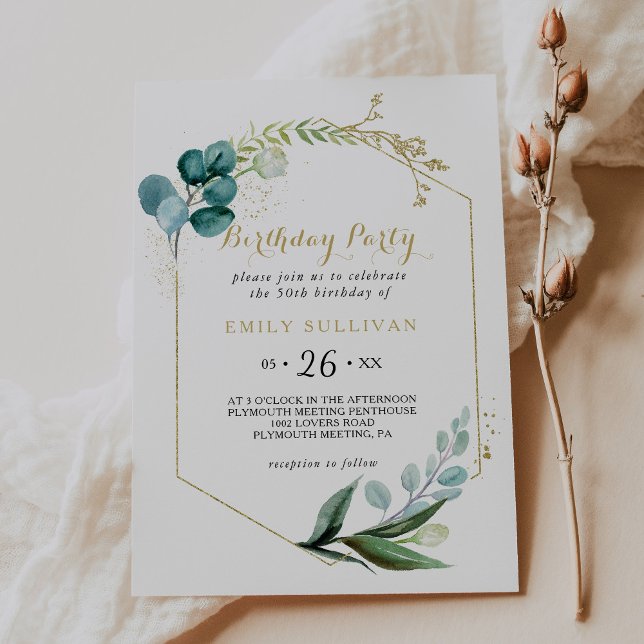 Invitación Oro Y Eucalipto Verde Fiesta De Cumpleaños 50 (Subido por el creador)