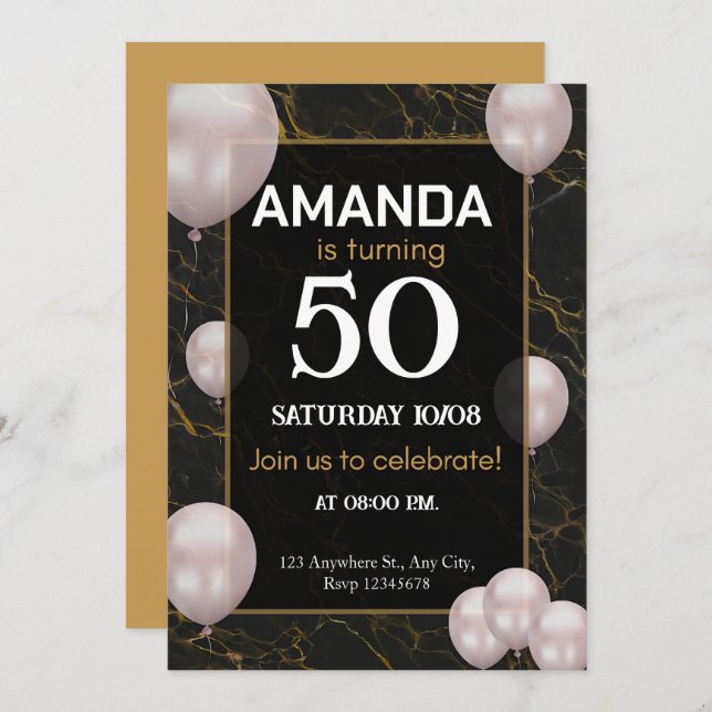 Invitación Oro y fiesta de cumpleaños número 50 (Anverso / Reverso)