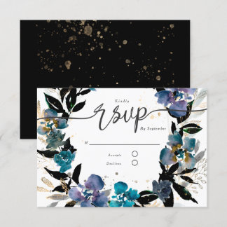 Invitación Oro y floral verde azulada, dramática