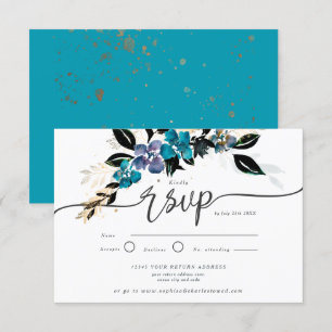 Invitación Oro y floral verde azulada, dramática