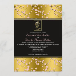 Invitación Oro y flores de cerezo negras que casan la