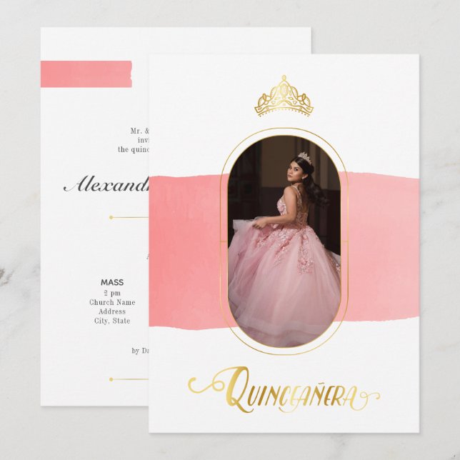 Invitación Oro y foto rosa Rosa Quinceanera (Anverso / Reverso)