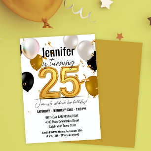 Invitación Oro y globos negros y Confetti 25 cumpleaños