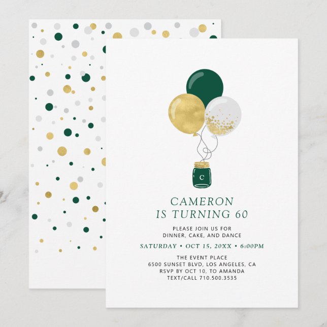 Invitación Oro y globos verdes fiesta de cumpleaños de adulto (Anverso / Reverso)