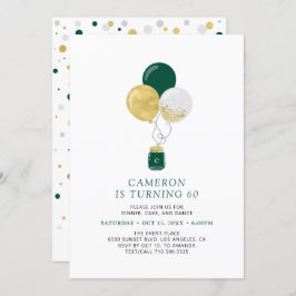 Invitación Oro y globos verdes fiesta de cumpleaños de adulto