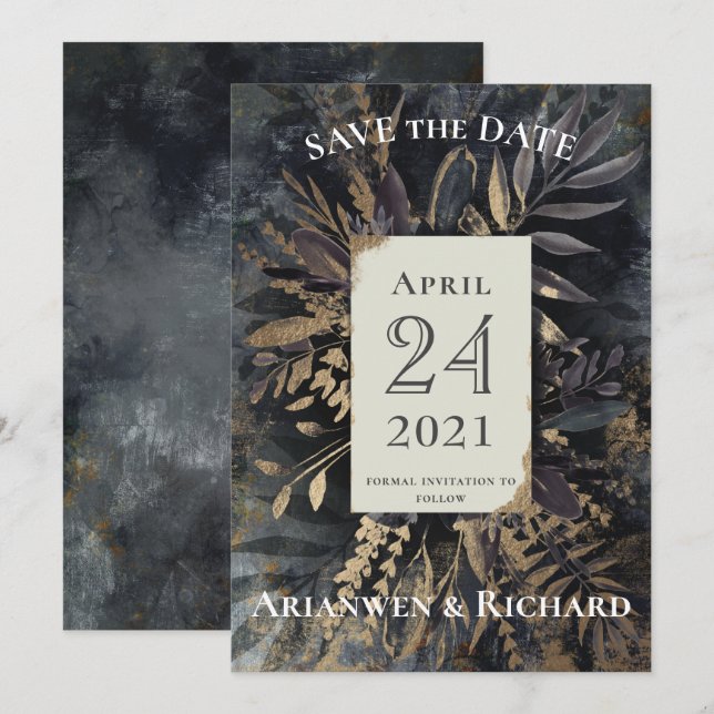 Invitación Oro y gris pizarra Salven nuestra fecha (Anverso / Reverso)