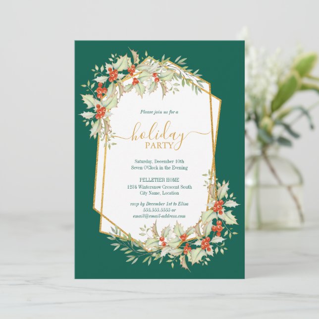 Invitación Oro y Holly | Celebración de feriados geométricos (Anverso de pie)