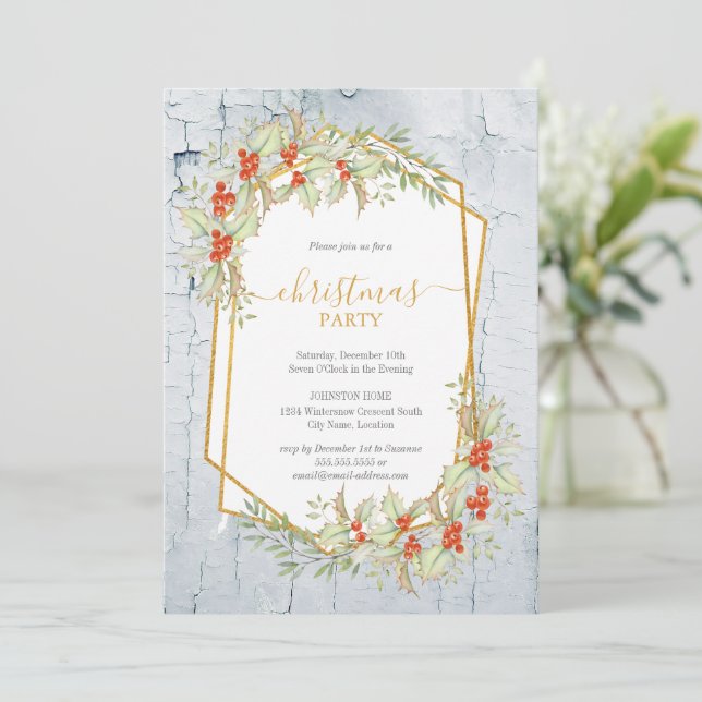 Invitación Oro y Holly | Navidades geométricos rusos (Anverso de pie)